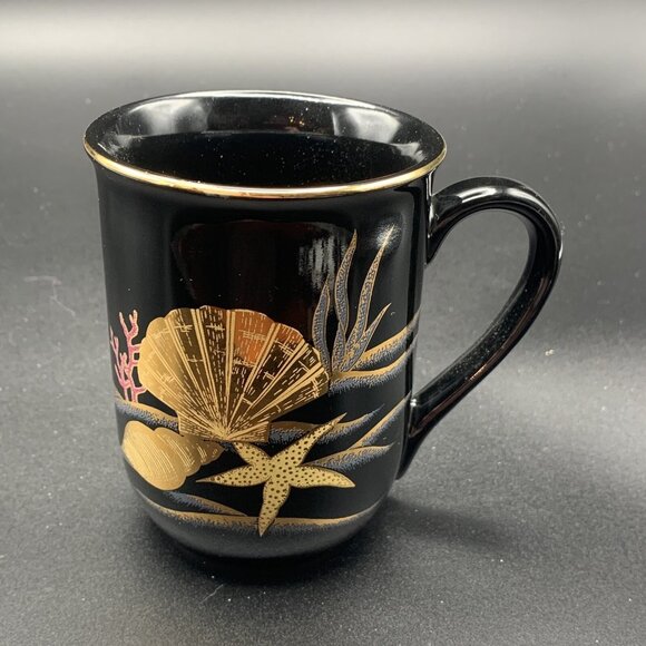 Otagiri Lacquerware Black Set of 4 Mugs Sea Shells Gold Trim - Picture 2 of 6